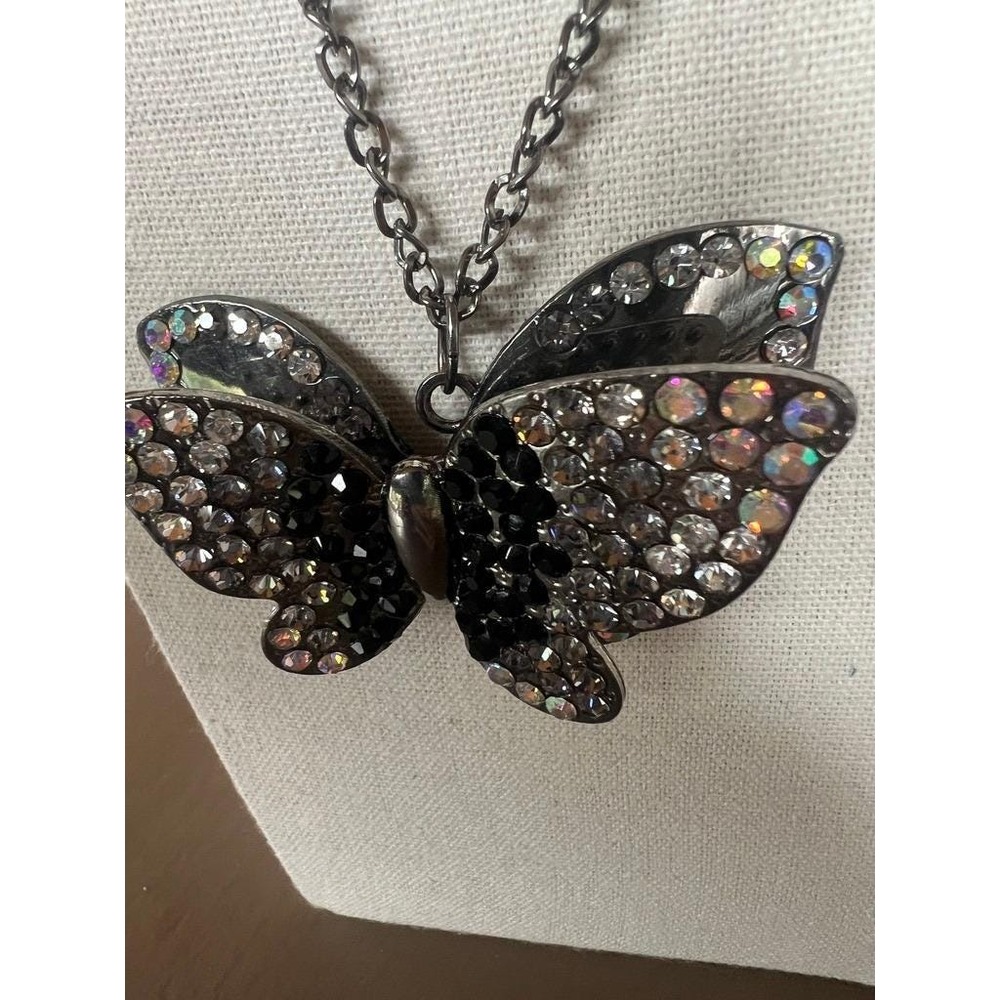 Butterfly Pave Pendant‎ Necklace 36" Silver Black 3D Rhinestone Statement Y2K